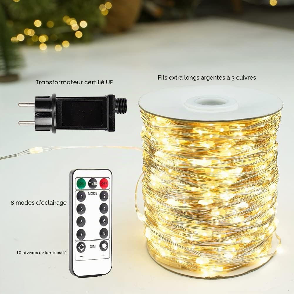 30m Plug in Guirlande lumineuse Blanc Chaud 300 LED Guirlande lumineuse d'intérieur en cuivre avec télécommande pour arbre de Noël, terrasse, jardin, porche, fête de mariage (lot de 2)