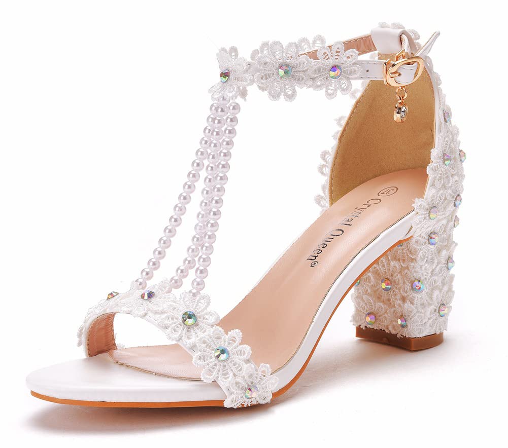Donne Sandali con Tacco, Sexy Perline Ricamate da 7 cm Sandalo quadrate Sandalo Estate Scarpe da Sposa Scarpe Elementi,Bianca,36.5 EU