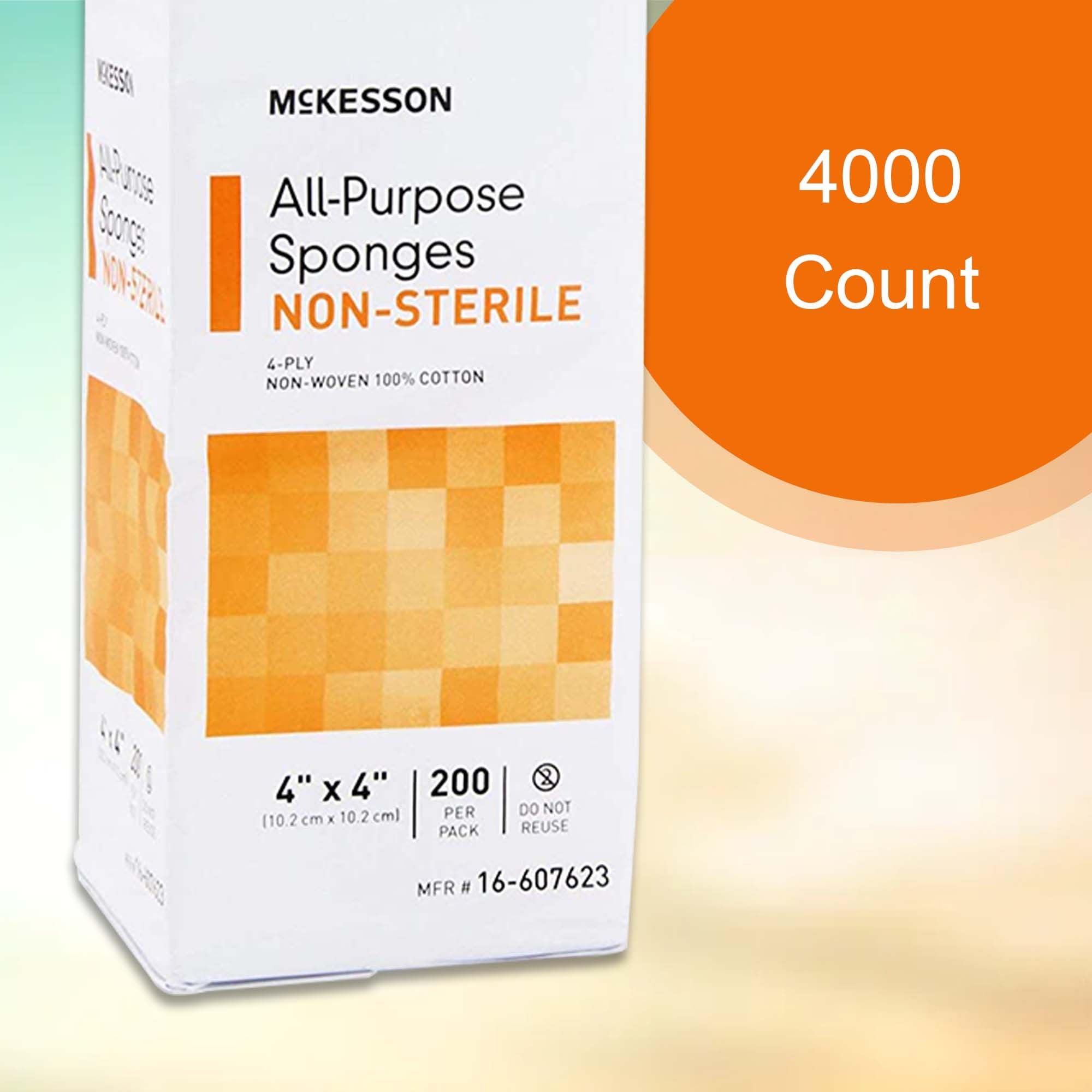 McKesson Esponjas multiusos, no estériles, 4 capas, 100% algodón, 4 x 4 pulgadas, 200 por paquete, 20 paquetes, 4000 en total