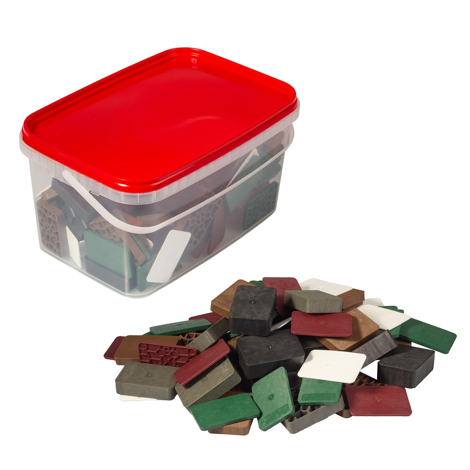 100 x INOVATEC Kunststoff Unterlegplatten 60 x 40 mm Mix in den Größen: 1.5, 3, 5, 10, 15, 20 mm inkl. 6L Eimer