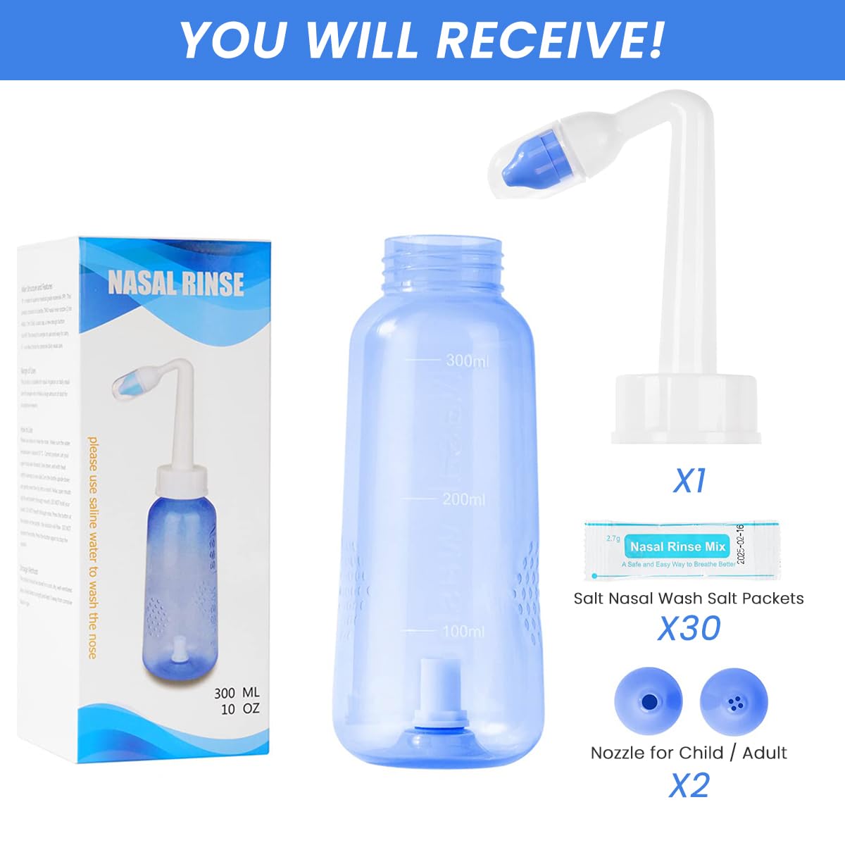 HANNEA® Nasal Rinser Kit for Sinus & Allergy Relief, With 30 Packs Nasal Wash Saline(2.7g/per pack) 300ml Reusable Nasal Rinser Kettle, Relieve Nasal Discomfort, Suits for Daily Use, with 2 Rinse Tips - Image 6 thumbnail