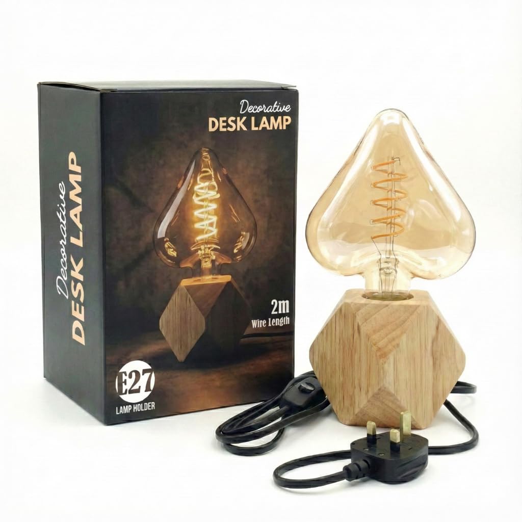 Wooden Table Lamp with Decorative Bulb – Bedside & Desk Light, E27 Holder, UK Plug with On/Off Switch, Natural Wood Base, Warm Ambient Lighting for Bedroom, Living Room & Office, Home Décor Gift