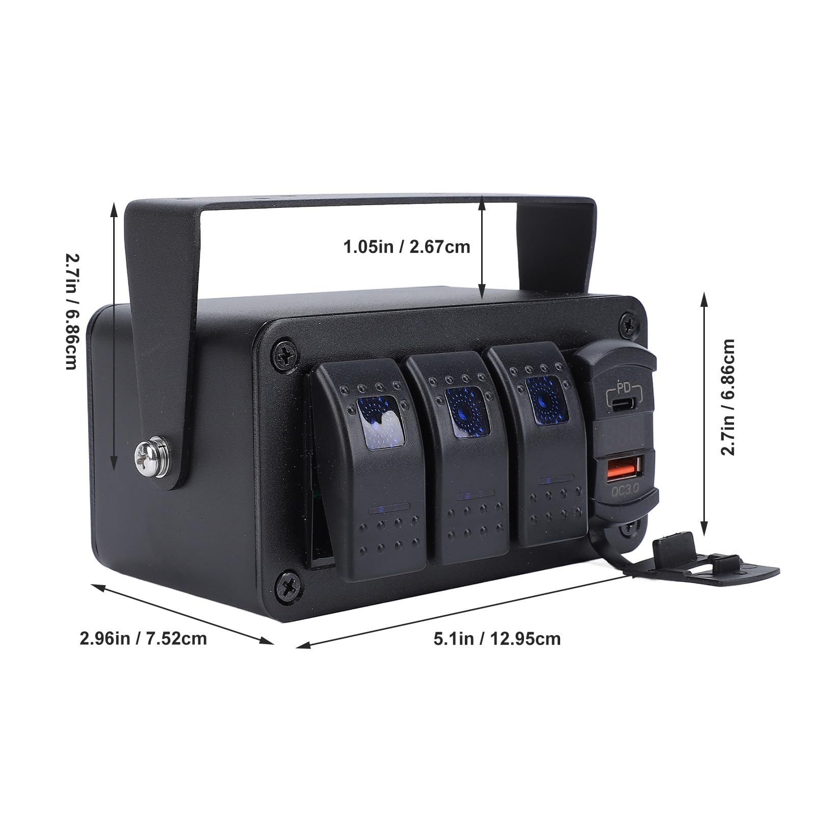 VGEBY Panel Przełączników 3-krotnych, Aluminiowy Wodoodporny Panel Przełączników Kołyskowych z ładowarką PD USB C QC3.0, Wstępnie Okablowany 12V 24V DC, Woltomierz do łodzi Morskich RV UTV