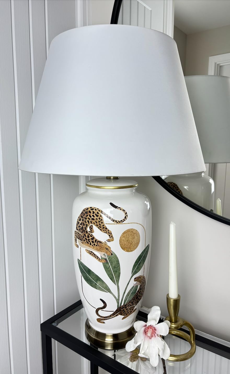 DOWNTON INTERIORS Green Gold Leopard Ceramic Porcelain Table Lamp (G2125) (Plain Shade)