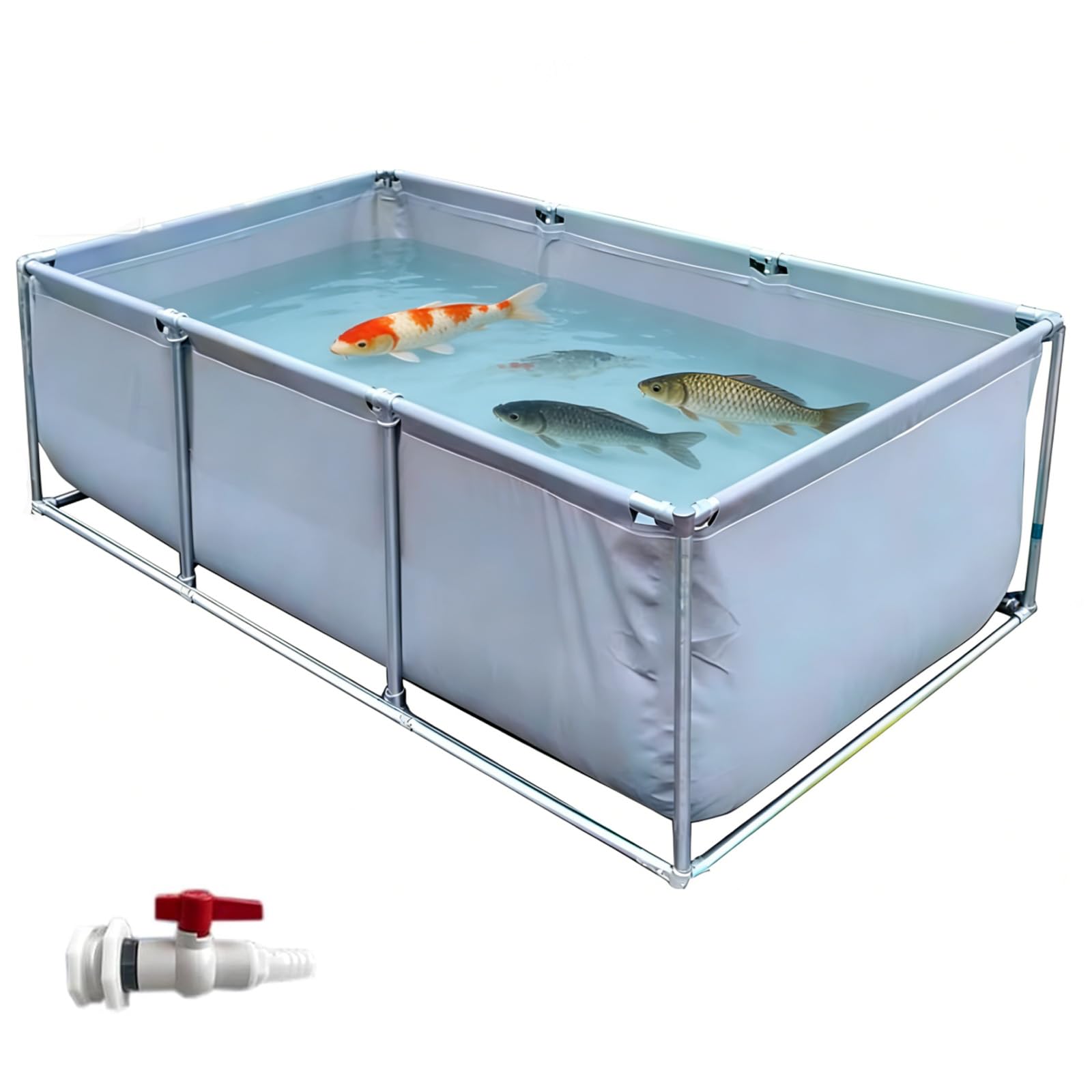 Hggdsac Canvas Fish Pond with Stand, Aquaculture Water Tank Cistern, Large Temporary Holding Tank with Drain Valve, PVC Pool with Drain Valve, Easy to Set Up, Durable, for Fish, grey 1.5 * 1 * 0.6M