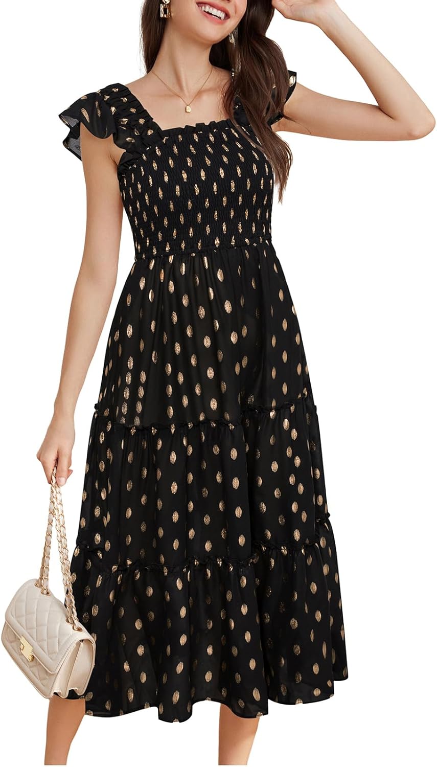 GRACE KARIN Womens Smocked Flowy Summer Dresses A Line Square Neck Flutter Sleeve Ruffle Tiered Polka Dot Cocktail Dress