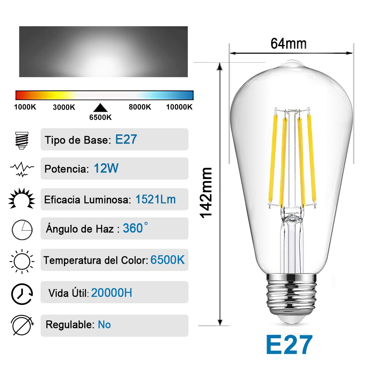 EXTRASTAR Bombillas LED ST64 de Filamento LED E27, Luz Fría 6500K, 12W, 1521Lm Bombilla Retro Vintage, No Regulable - Pack de 4 Unidades