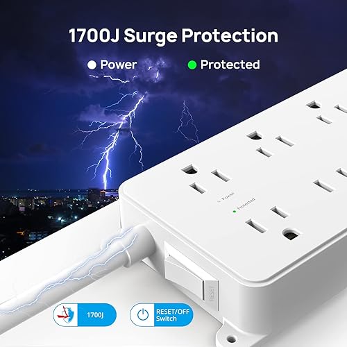 Miniatura 4 de TROND Regleta protectora contra sobretensiones, 7 tomas de corriente ampliamente espaciadas, 3 puertos de carga USB (1 USB C), certificación ETL