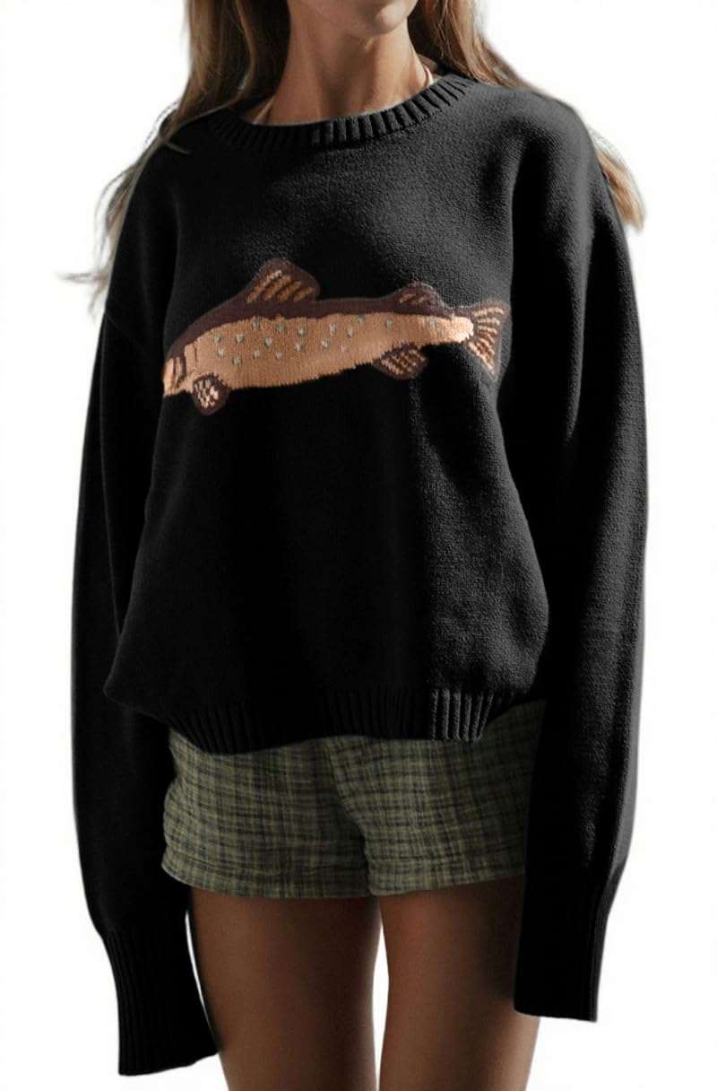 chartou Women Fashion Crew Neck Rib Knit Crucian Carp Graphic Oversized Y2k Pullover Sweater Jumper-picture-12