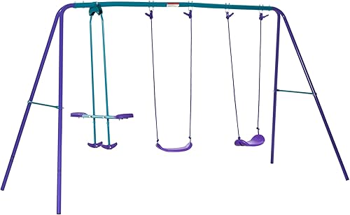 Outsunny Juego de columpios de metal con deslizador, dos asientos oscilantes y altura ajustable, marco en A resistente para exteriores, adecuado