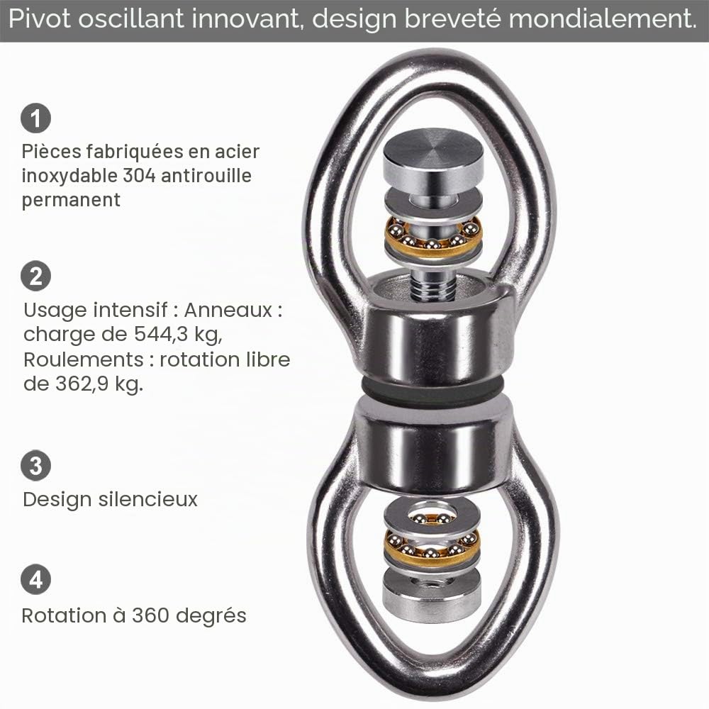 SELEWARE Pivotant pivotant à roulement Silencieux avec 2 mousquetons, Accessoire de Suspension de Dispositif Rotatif à 360 ° en Acier Inoxydable pour balançoire d'arbre,Corde à Grimper, Yoga