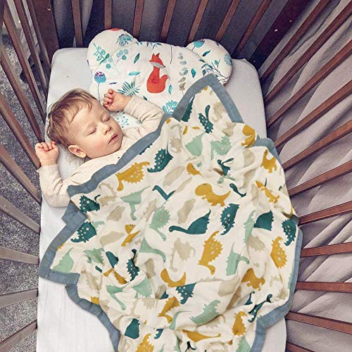 Image of Kassy Pop Printed 6 Layer Bamboo Muslin Blanket Cum Swaddling Towel for Baby, Toddlers | 70% Bamboo, 30% Cotton | AC Quilt, Multi-Purpose Blanket | 110cm x 110cm (Dino Print)