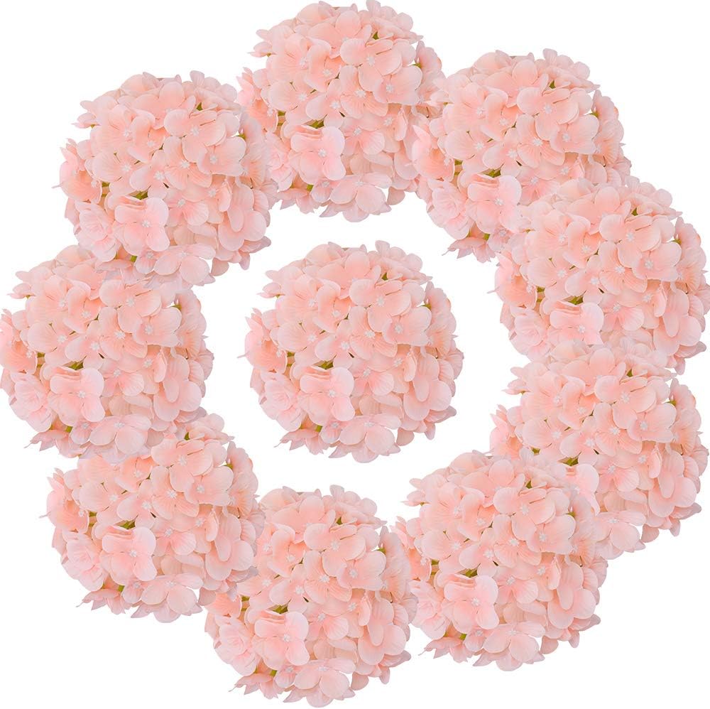 Silk Hydrangea Heads with Stems Artificial Flowers Heads for Home Wedding Decor,Pack of 10 (Peach Pink)