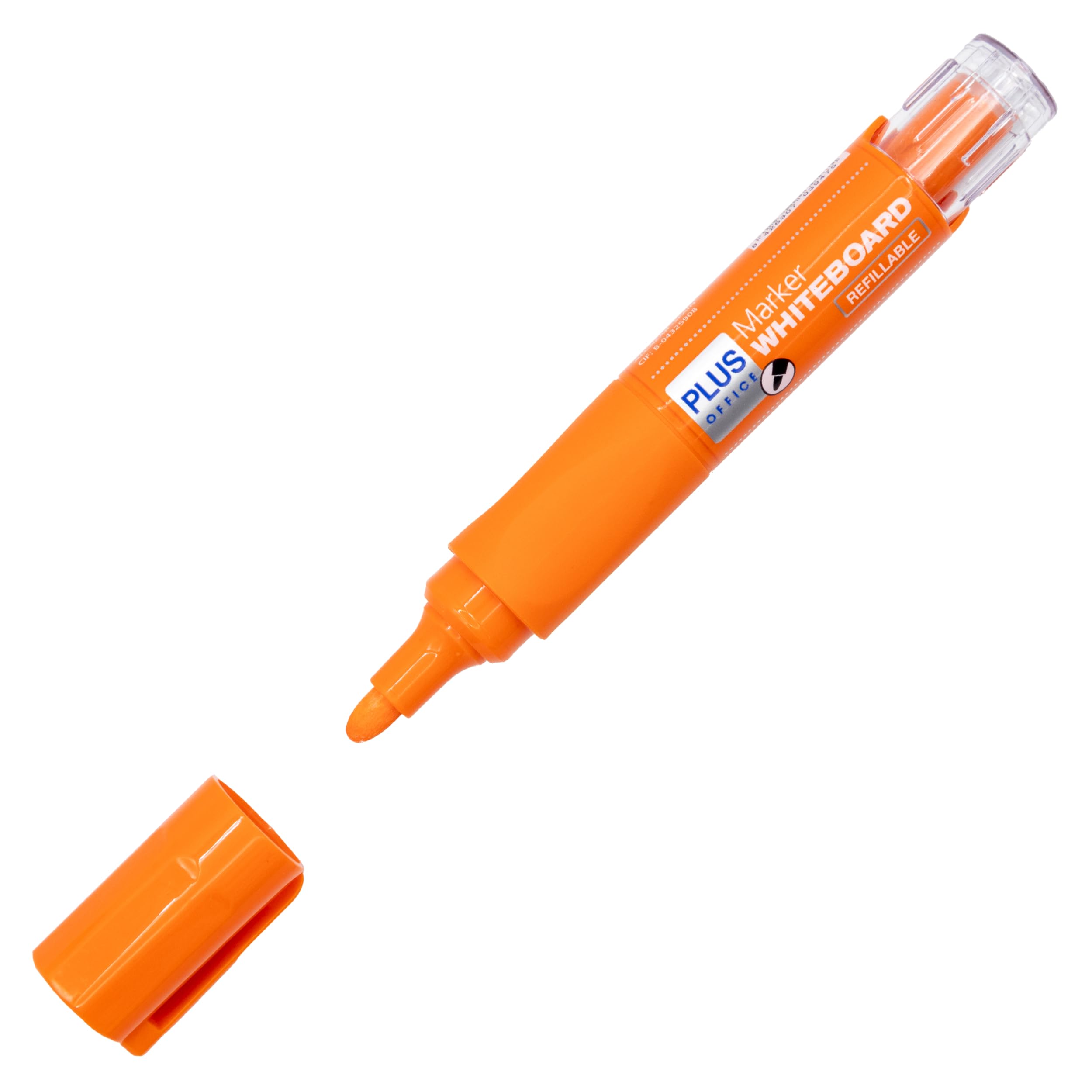 Plus Office - Rotulador de Pizarra Blanca con Tinta Liquida Recargable, Punta Cónica de 2mm, Ideal para Escribir en Cristal, Pizarra Blanca y Otras Superficies Lisas, Tinta Borrable (Naranja)