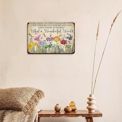 Miniatura 7 de YOYI ART Letrero de estaño de libélula y flores, Qué mundo maravilloso veo árboles de verde rosas rojas también, divertidos letreros de jardín para