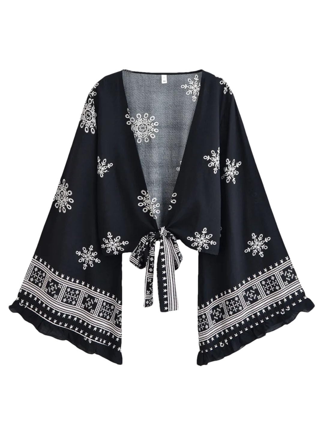Women Short Bohemian Kimono Ruffles Flare Sleeves Vacation Beach Boho Cover-Ups