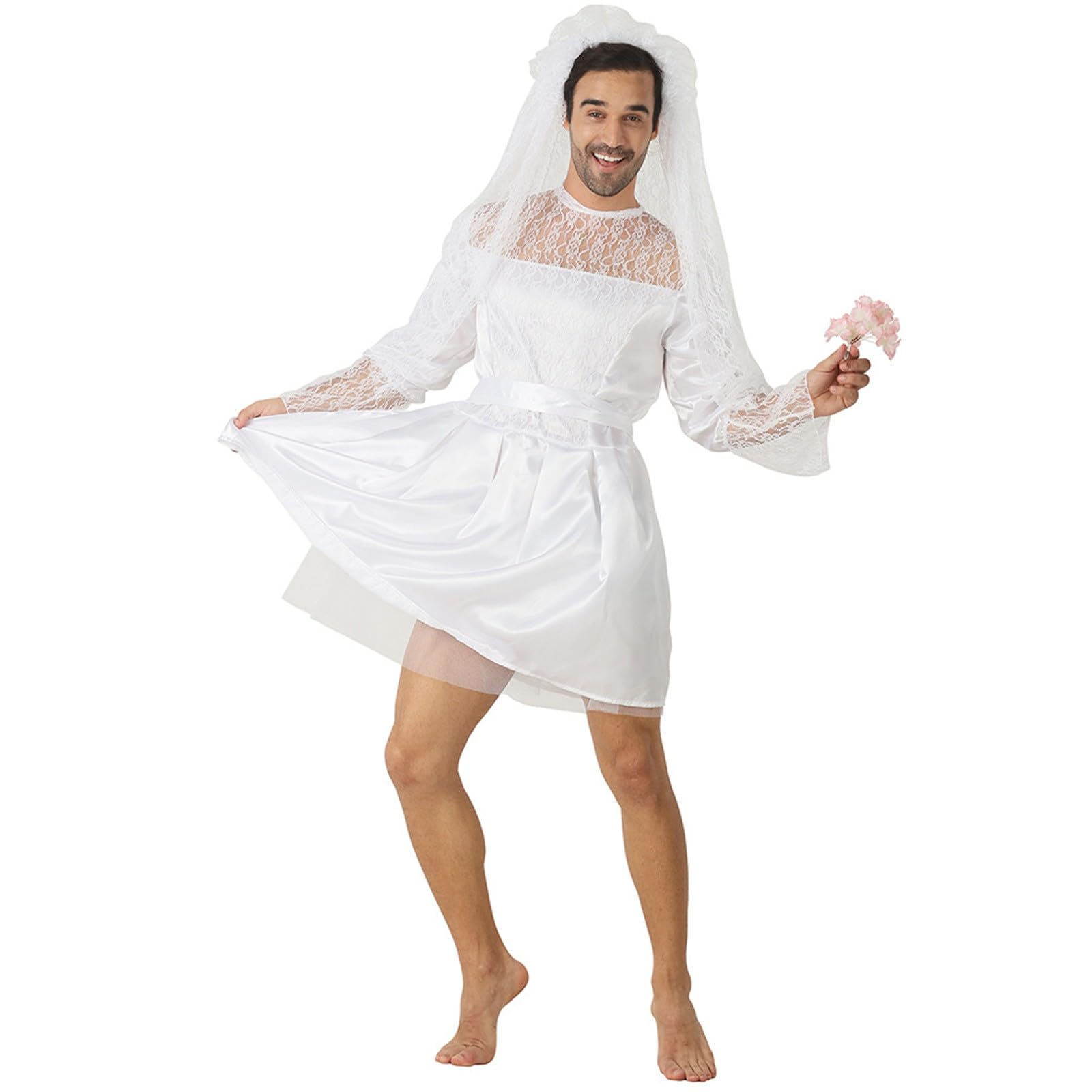Costume da sposa da uomo, alla moda, costume da sposa maschile, vestito, cintura, copricapo con velo, carnevale, festa a tema