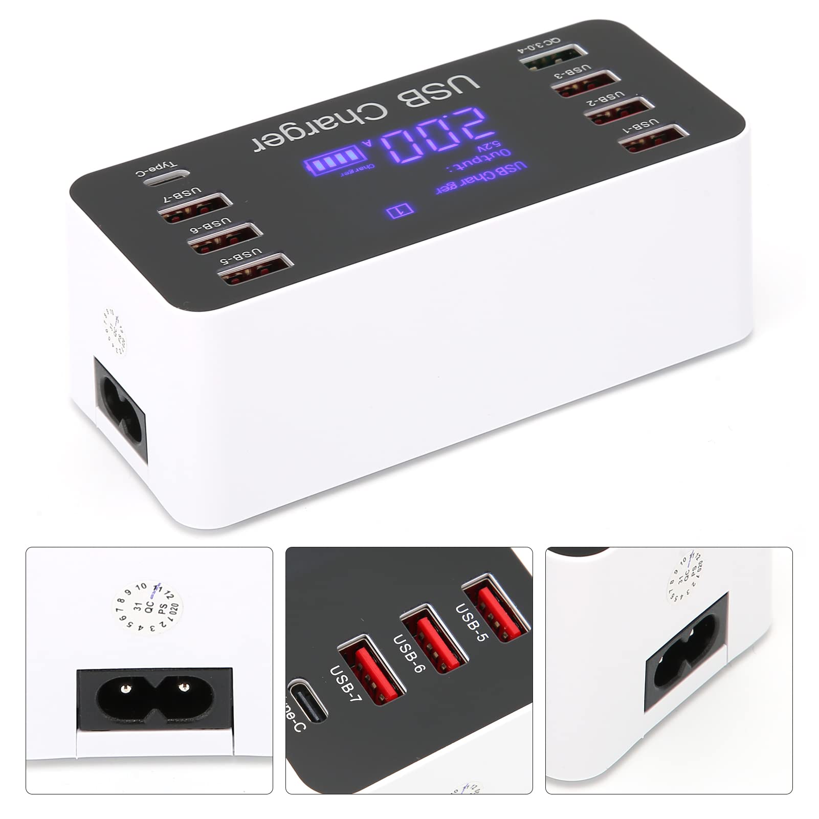 Annadue Cargador USB Hub de Puertos Múltiples, Estación de Carga de Escritorio de 8 Puertos y 40 W, con Pantalla LED, Puerto USB C, Carga Rápida QC 3.0, para Teléfono, Tableta,