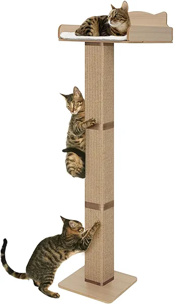 Cat Window Perch with Thick Sisal Scratching Post, Cat Hammock for Window, 53.5" Adjustable Tall Cats Scratching Post with 2 Upgrade Suction Cups, Cats Window Bed with Fuffy Cushion, Jute