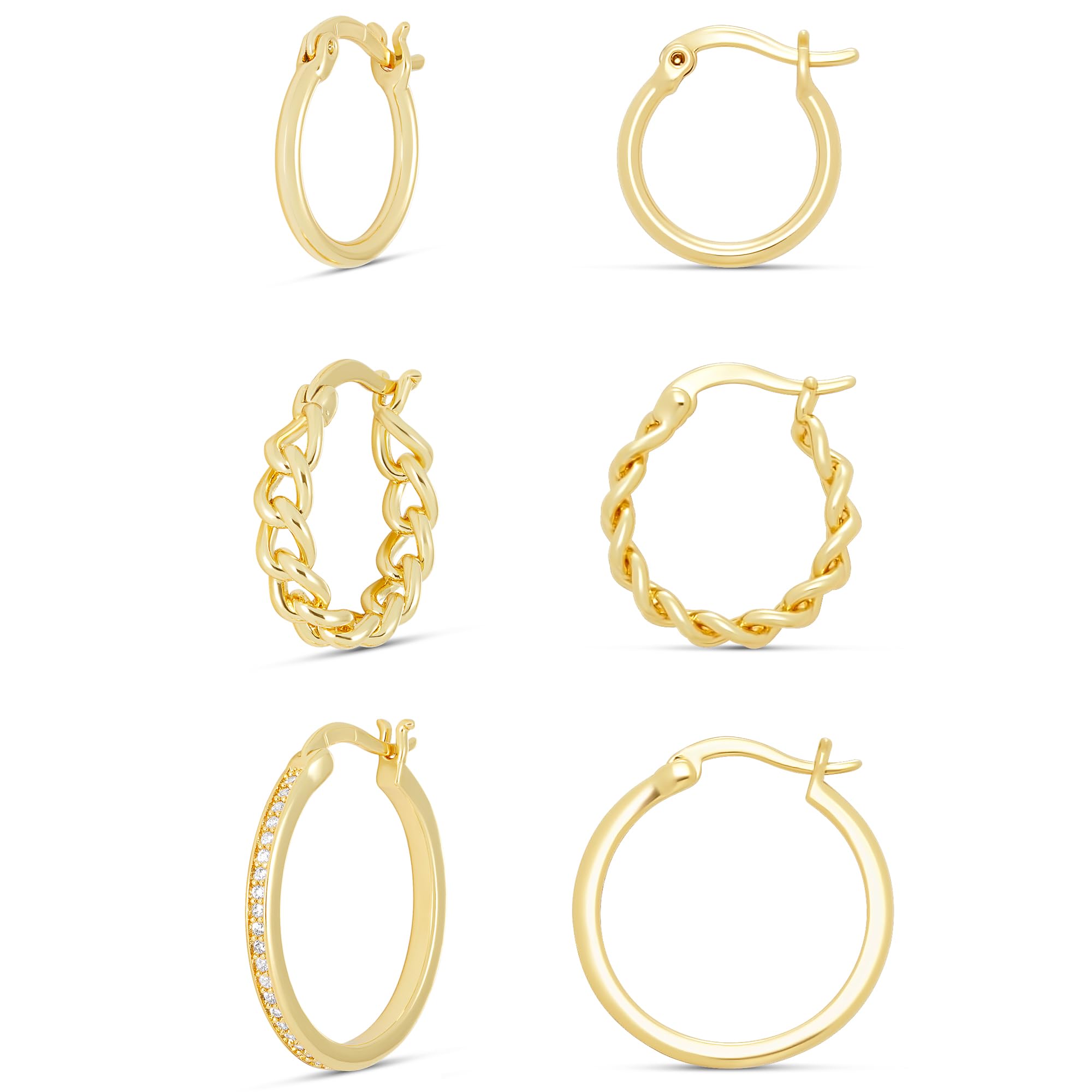 Amazon Essentials 14K Gold Plated Cubic Zirconia Hoop, Braided Hoop and Polished Hoop Earring Set