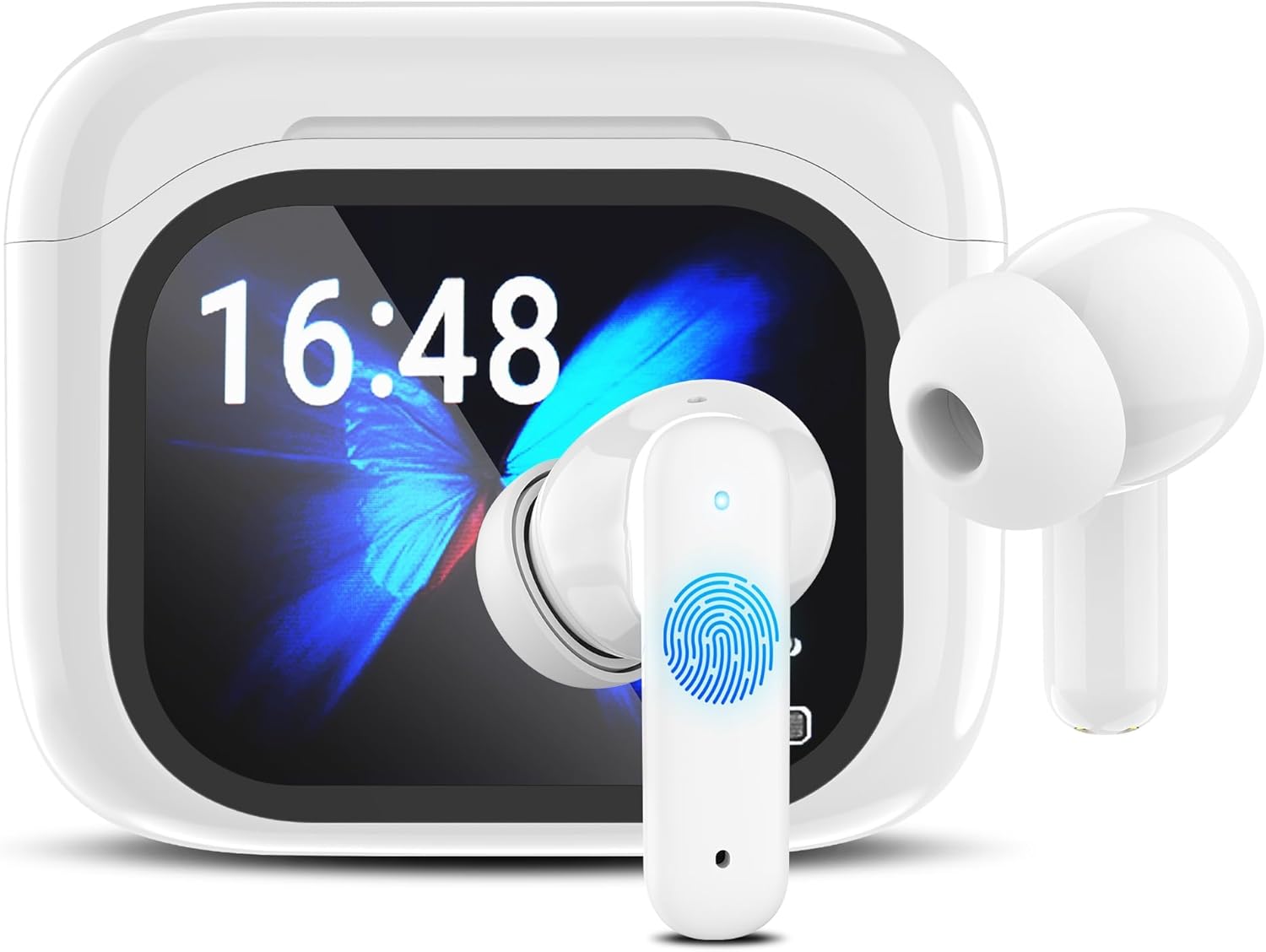 True Wireless Earbuds Bluetooth Headphones, Translation Earbuds Real-Time, AI Language Translator Earbud with Active Noise Cancellation, LCD Touchscreen, Audifonos Traductores Inglés Español, White