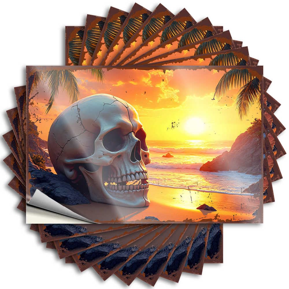 Skull On The Beach: A Mysterious Sunset Scene Bottle Core - Mimosa Bar Decor Tattoo Self Adhesive Sticker(6X9CM)