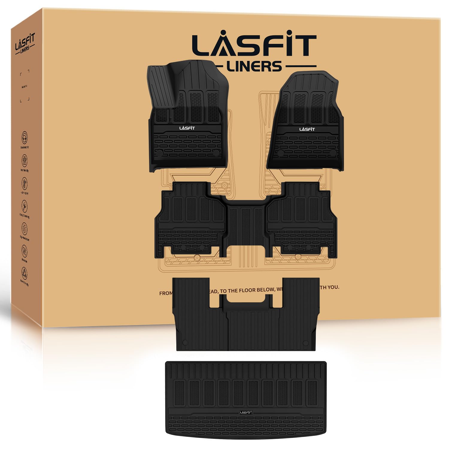 LASFIT Floor Mats & Trunk Mat for Jeep Grand Wagoneer 2022-2025 7 Seats Only (NOT Fit for L or 8 Seats) All Weather TPE Custom Fit Floor Liners Cargo Mat Black