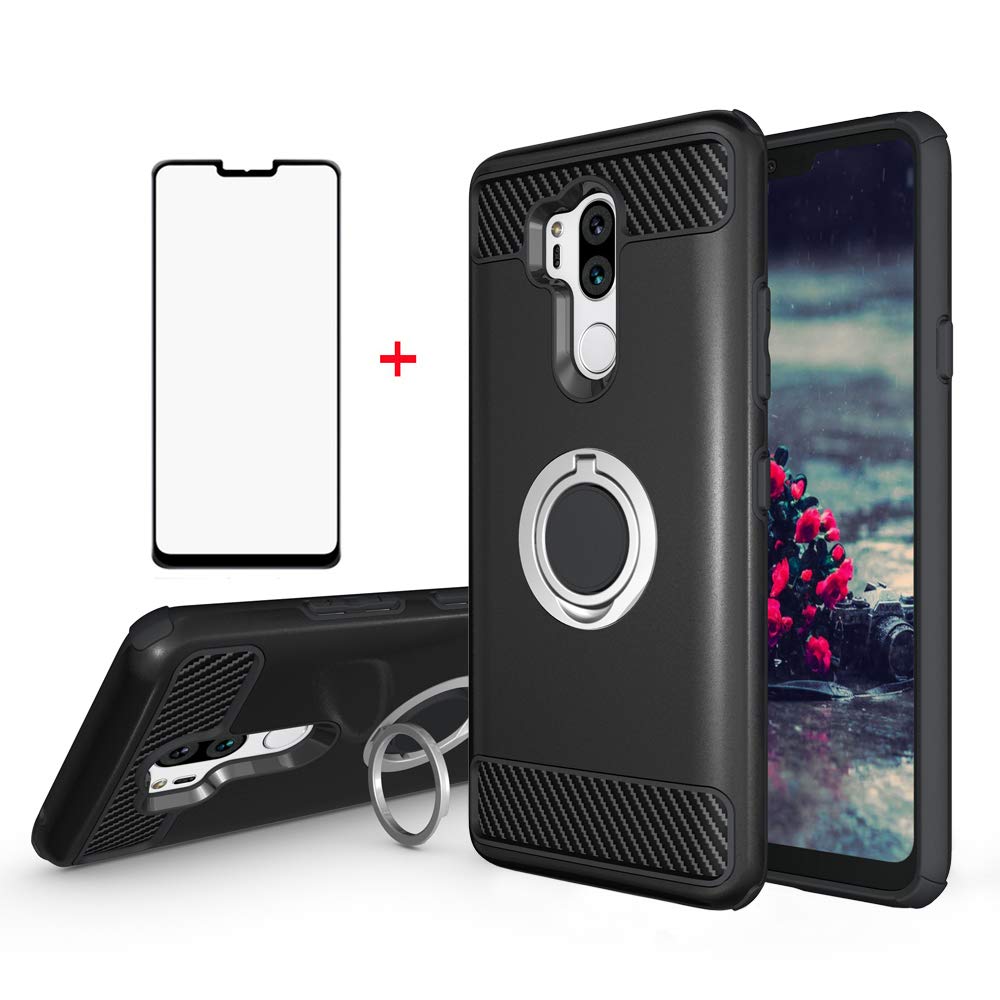 Phone Case for LG G7 ThinQ with Tempered Glass Screen Protector Cover Magnetic Ring Holder Hard Stand Kickstand Cell Accessories LGG7 One G 7 Plus LG7 Fit LG7ThinQ 7G Thin Q G7+ G7thinq Women Black