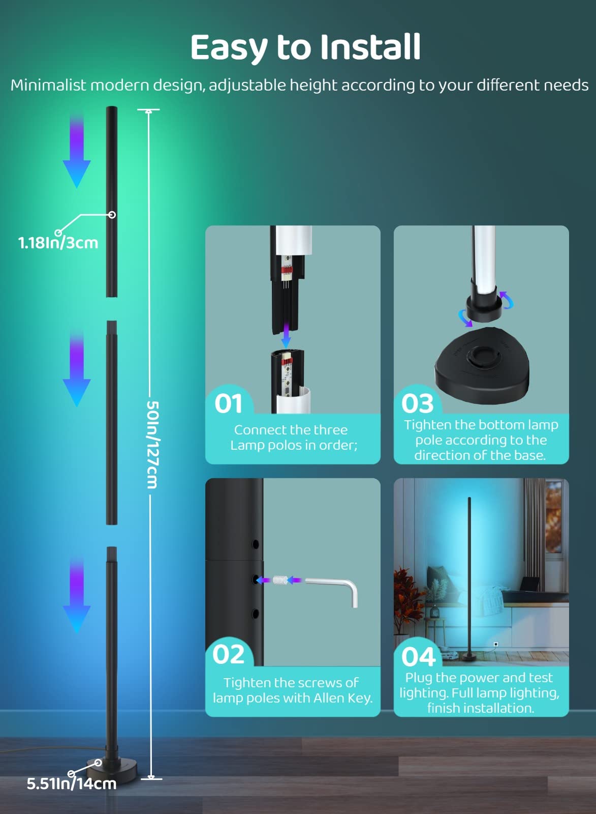 Gaoxun RGBW LED Stehlampe Wohnzimmer, Ecklampe Dimmbar mit Fernbedienung und APP, Alexa und Google Assistant, 16 Millionen Farben, 44 Szenenmodi, Musikmodi, DIY-Modus für Schlafzimmer Gaming, Schwarz