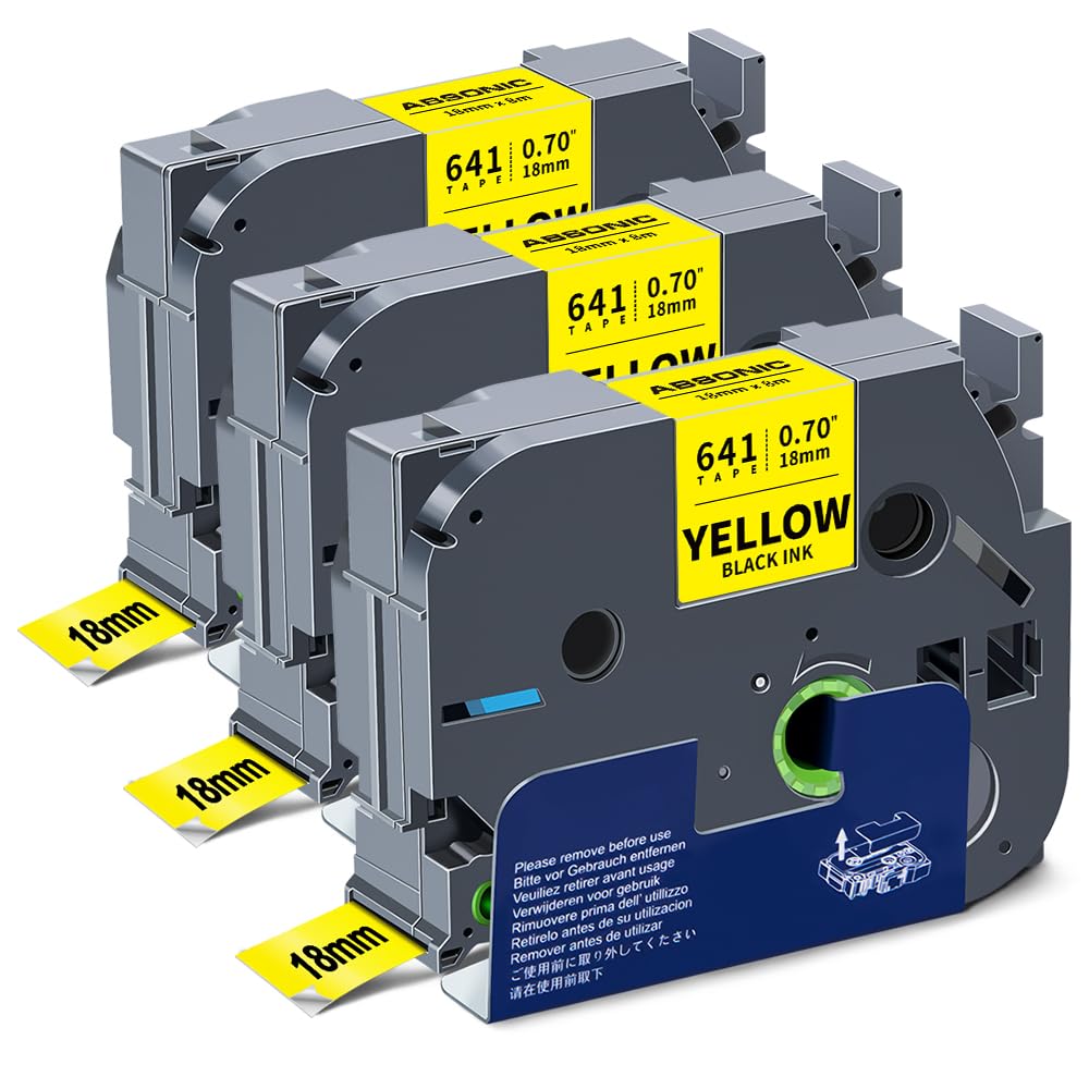 3-Pack Tze-641 18mm 0.7" Laminated Yellow Tape Compatible for Brother Tze641 Tz-641 Tz641 3/4" Black on Yellow P Touch Tze Tz Label Tape 18mm for PTD410 PTD460 PTD600 PTD610BT PTP700 PTD400