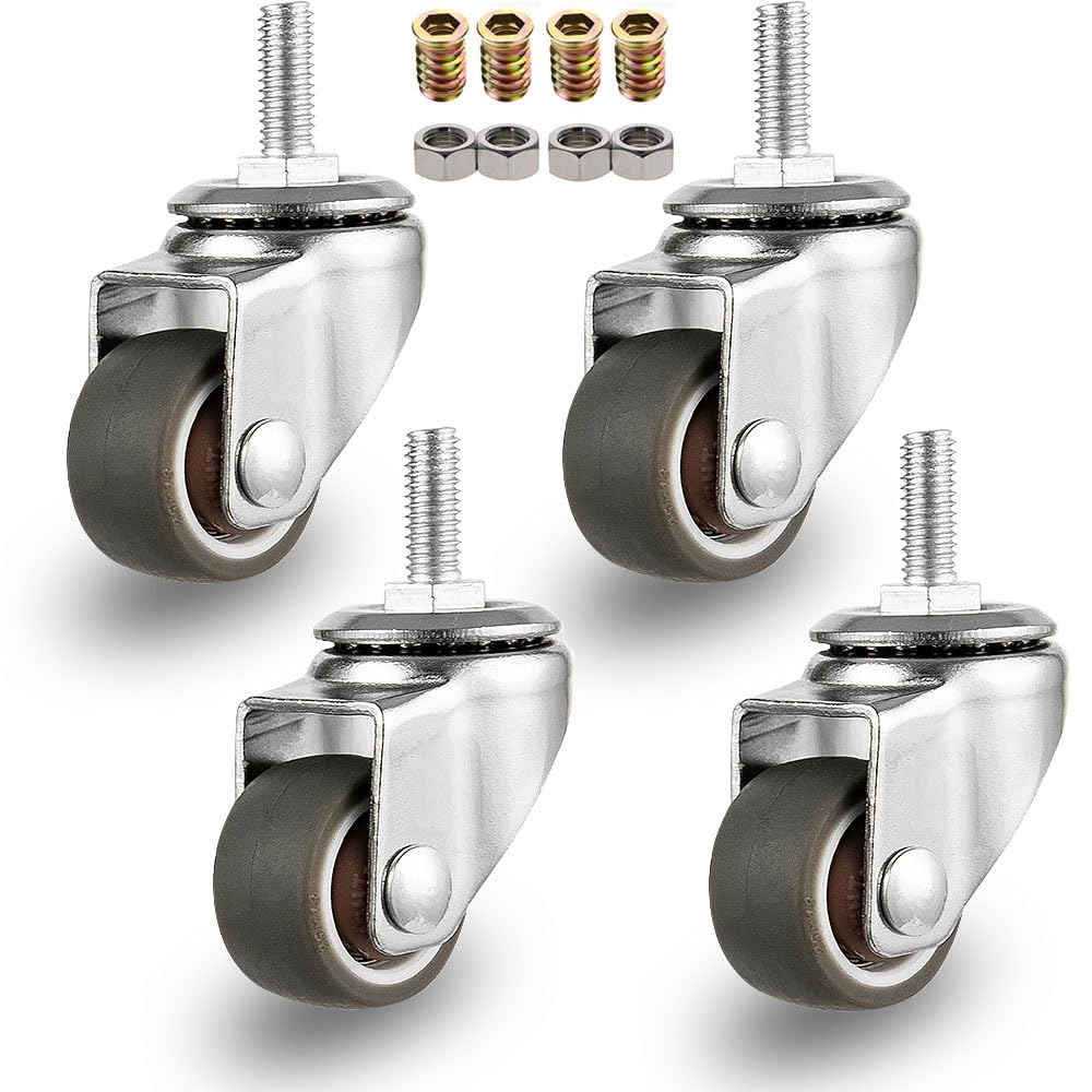 NERILEE 4-Pack 1 Inch M6x 15mm Swivel Caster Wheels with Mini Threaded Stem Small Tiny Shopping Cart Wheel Rubber TPE Perfect Caster Set for Small