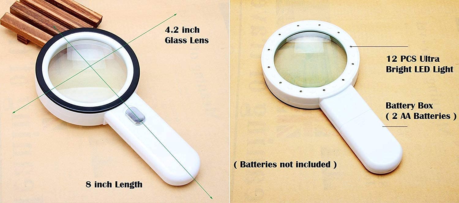 Leselupe, HD-Handlupe, 4,2 Zoll, 20-fache Vergrößerung, mit 12 LEDs, große transparente optische Linse, Beleuchtung, ideal zum Lesen, Nähen und für Hobbys.