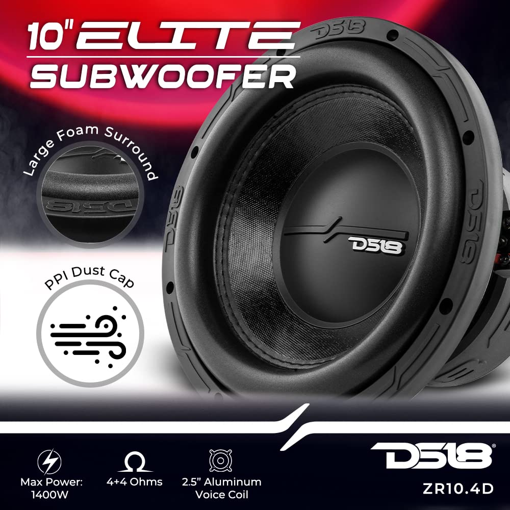 1 DS18 ZR10.4D, subwoofer 25 cm 250 mm 10" średnica, moc RMS 700 W i maks. 1400 W, podwójna cewka drgająca DVC 4 + 4 Ohm, czułość 81 dB SPL, bagażnik samochodowy, 1 sztuka