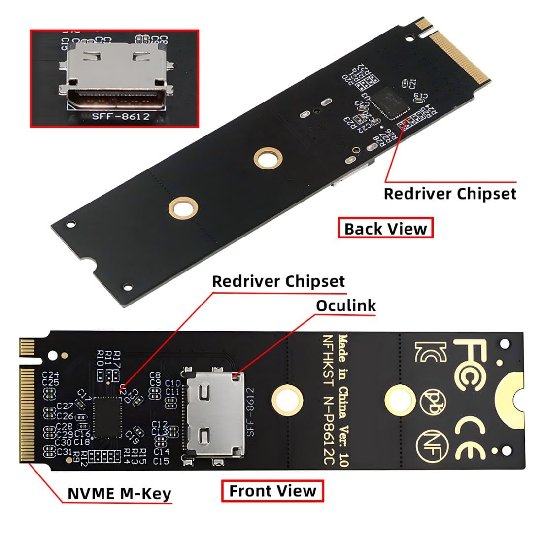 chenyang Oculink SFF-8612 to PCI-E 4.0 NVME M.2 M-Key Host Adapter with ReDriver Chipset Support 2242/2260/2280mm for External Graphics Card & SSD