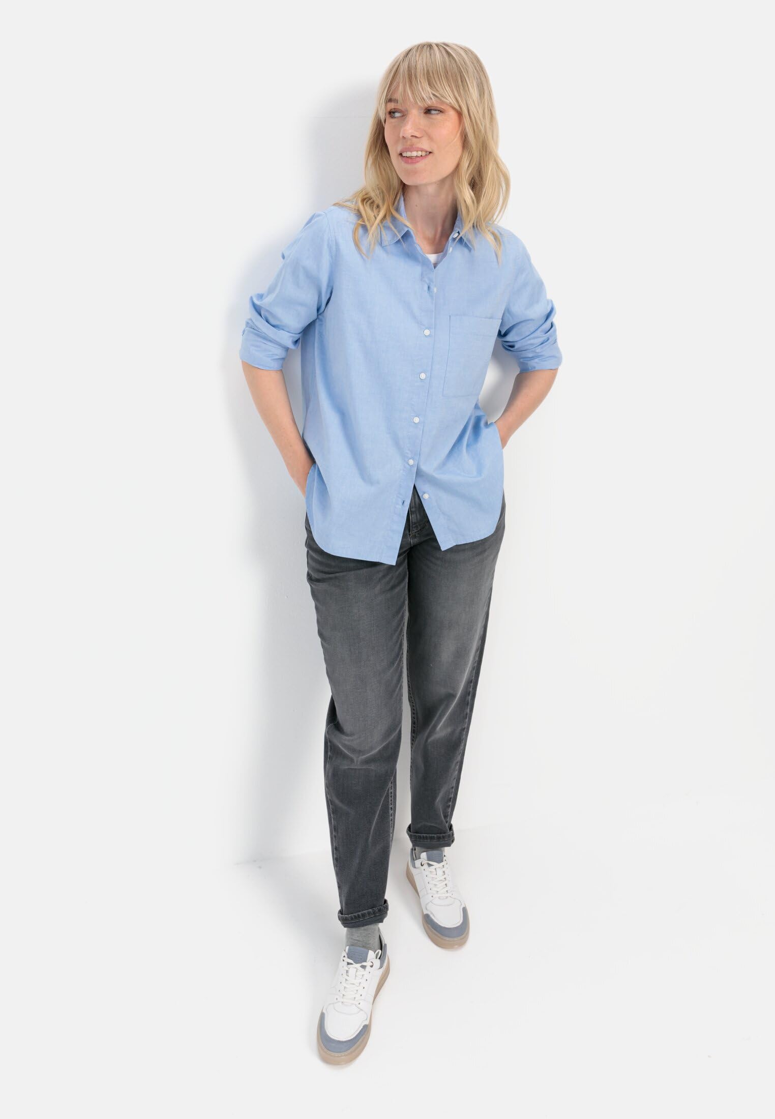 camel active Damen Langarm Bluse aus Baumwolle | Klassische Langarm Bluse aus reiner Baumwolle im lockeren Fit für jeden Anlass, pflegeleicht und strapazierfähig