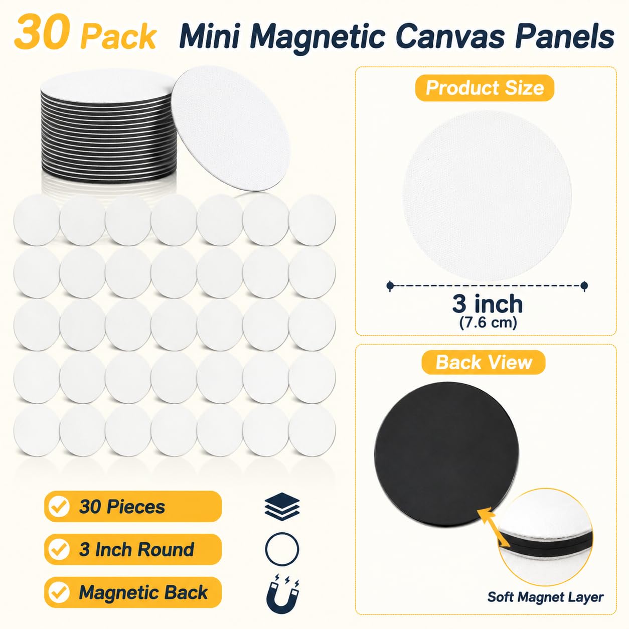 30 paneles magnéticos de lienzo para pintura, mini lienzos magnéticos en blanco para pintura, arte, regalo, decoración de bricolaje (3 pulgadas, forma redonda)
