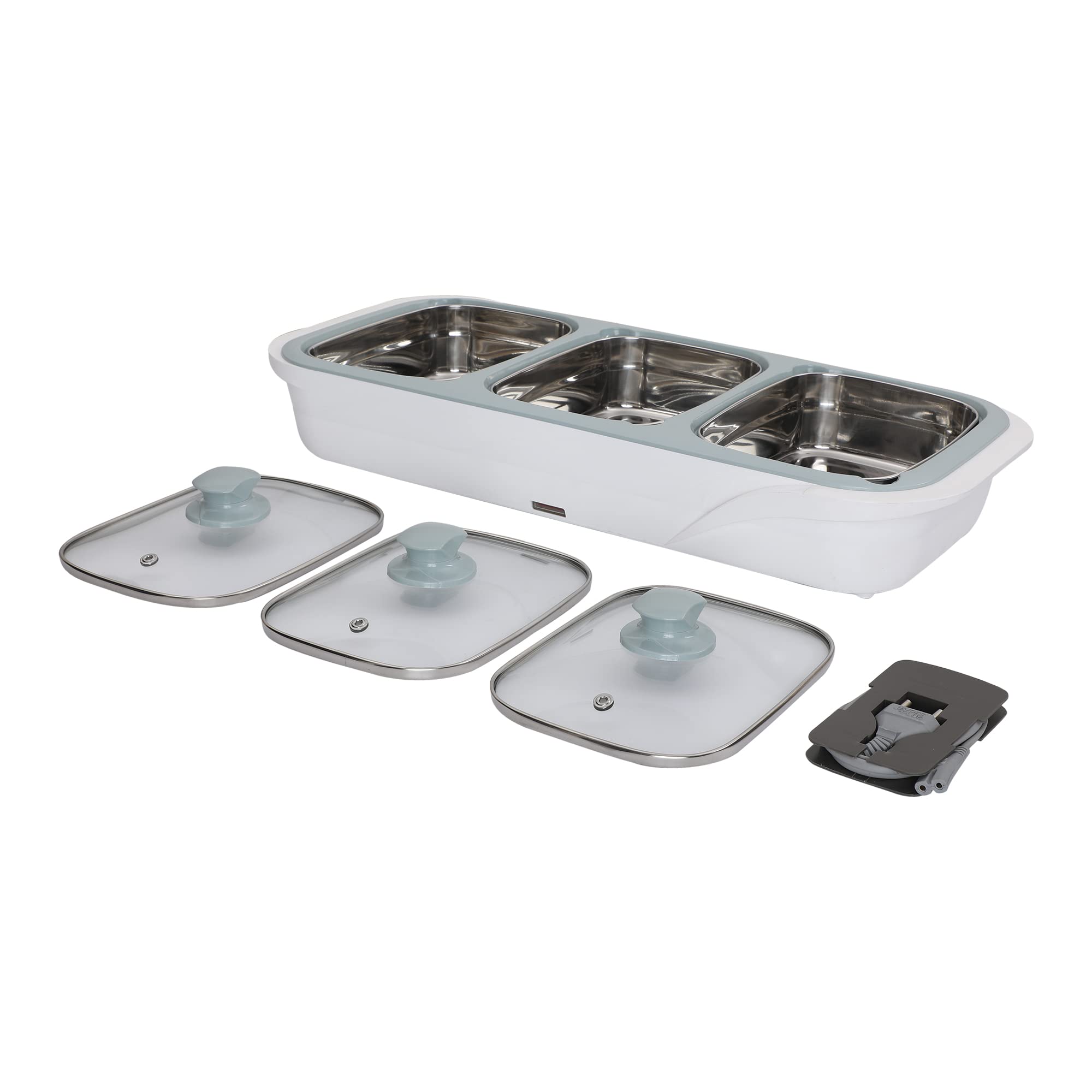 Jaypee Plus E-3 Bowl Electrical Serving Casserole Chafing Dish,1000ml Each|Stainless Steel 3 Dish Food Buffet Server |3 in 1 Electiric Bowl for Reheating Food, White