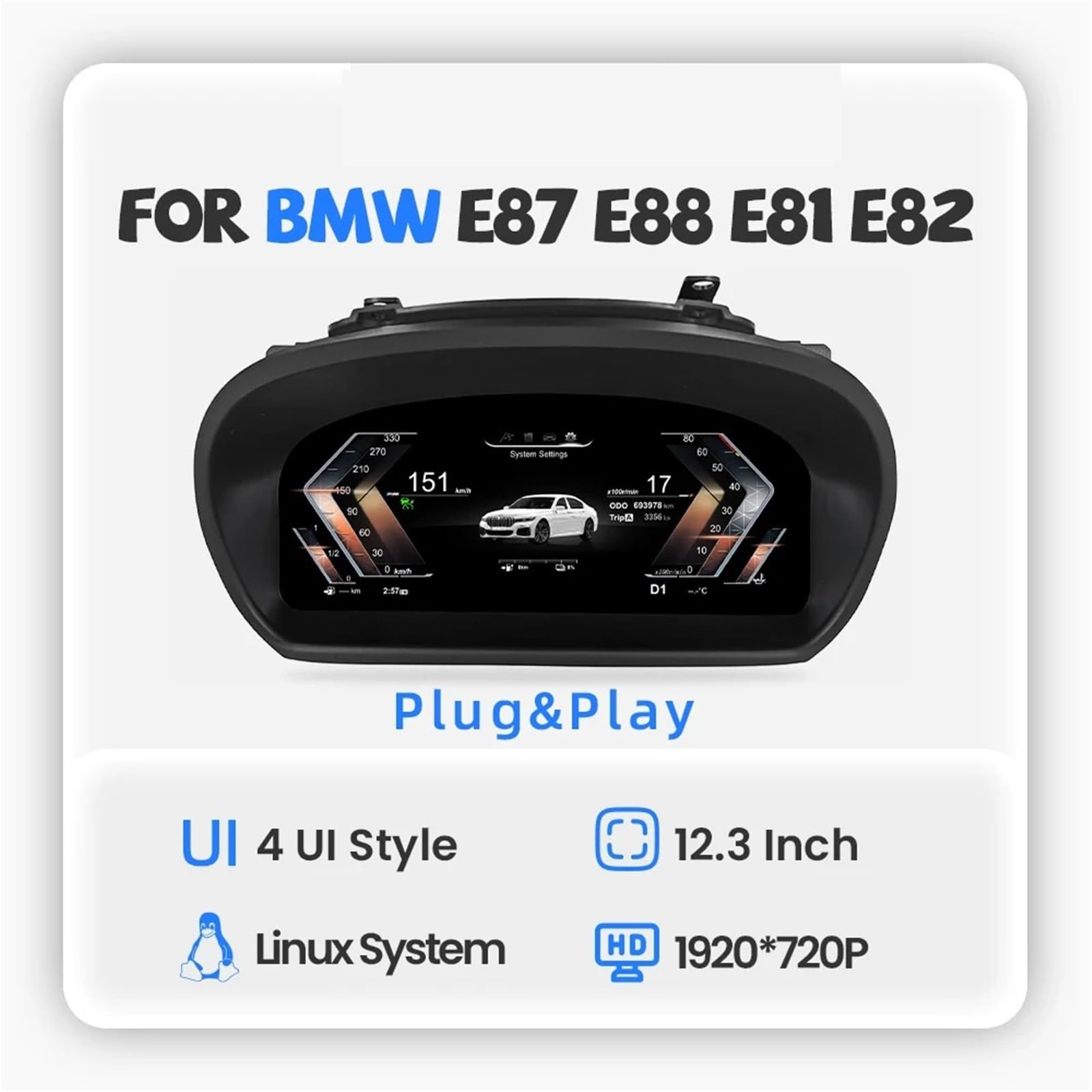 Ladedruckmessgerät, 31,2 cm (12,3 Zoll), digitales Armaturenbrett, passend für BMW 1er-Serie E81 E82 E87 E88 LCD-Instrumentententafel-Display, Cluster Multimedia