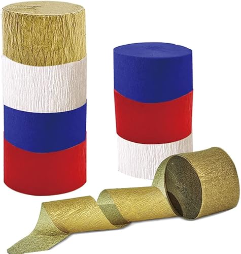 IGUO 8 rollos de papel crepé rojo, azul, blanco y dorado, suministros de fiesta de la Mujer Maravilla, decoraciones de 82 pies, borlas de papel para
