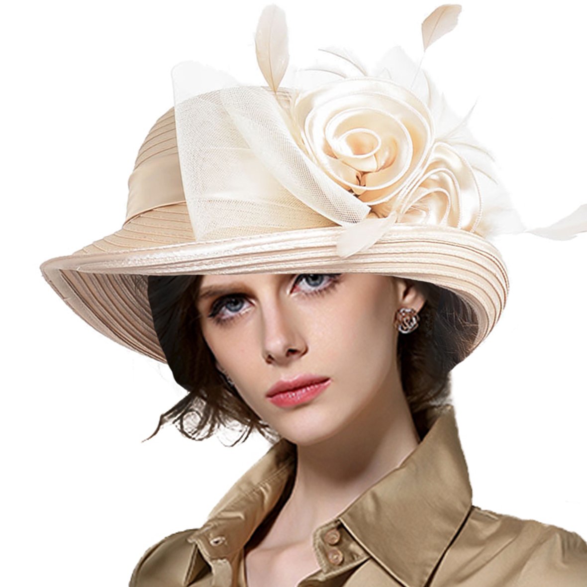Vecry Women's S608-Apricot Lady Oaks Derby Dress Church Cloche Hat Ascot Bucket Wedding Bowler Hats (S608-Apricot)
