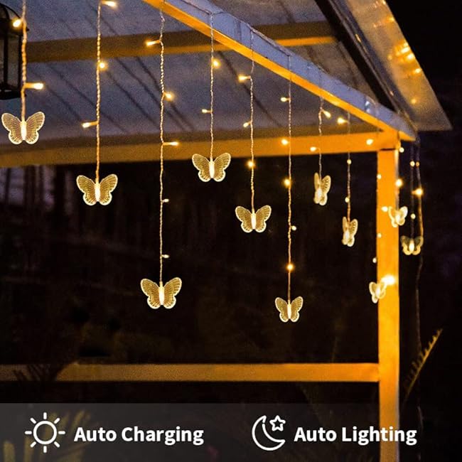 Butterfly Solar Lights Outdoor 13ft LED Fairy Curtain Light with Remote, USB Rechargable Waterproof Solar Firefly Light Butterfly Decor for Garden Patio Balcony Fence Tent Easter (Warm White)