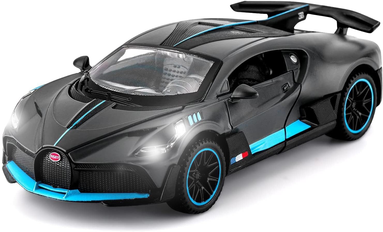 PRIME DEALS 1:32 Bugatti Divo Exclusive Alloy Metal Pull Back Die-cast Car Diecast Metal Pullback Toy car with Openable Doors Hood & Light, Music Decorative Mini Vehicles Gifts for Kids (Black)