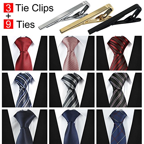9pcs Mens Ties and 3pcs Tie Clips, Men's Classic Tie Necktie Woven Jacquard Neck Ties (2017-12-08-008)