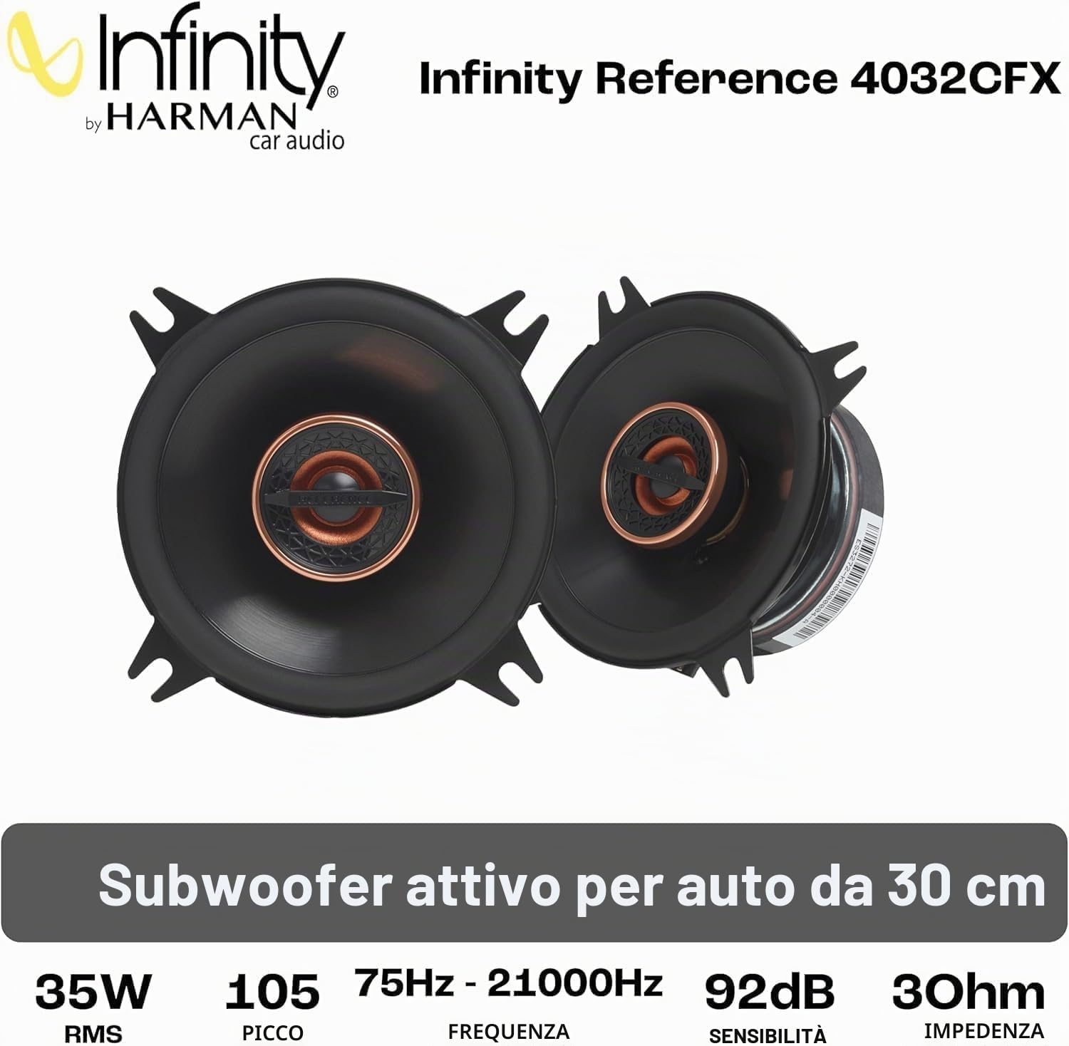Infinity Reference 4032CFX Altoparlanti Coassiali Auto 2 Vie 100mm 4 Pollici 35W RMS Cono Woofer Plus One Tweeter in Seta Edge-Driven Upgrade Audio per Qualsiasi Veicolo e Suono Nitido e Dettagliato