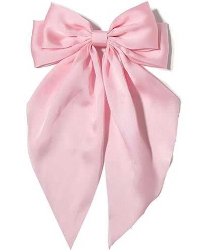 Furling Pompoms Pinzas de lazo rosa para mujer, 1 pinza grande para el pelo para niñas, lazos de satén con colas largas, pinzas de cocodrilo para el
