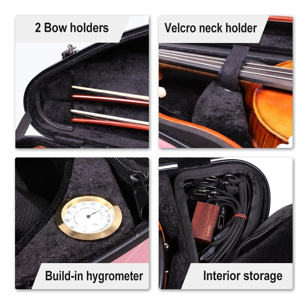 yinfente Custodia per violino 4/4 Full Size 1.9kg In Fibra di Carbonio Mezzo Rotondo Forma Viloin Bag Con Cinturino Combinazione Blocco E Accessori Borsa Rosa