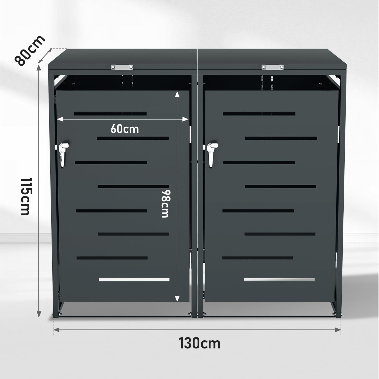 Lot de 2 cache-poubelles en métal pour poubelles de 120 l/240 l, résistant aux intempéries, verrouillable, avec vérins à gaz et chaînes de couvercle, anthracite