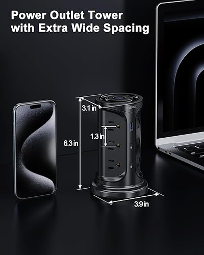 Miniatura 7 de Regleta de alimentación con protector de sobretensiones de torre con 8 salidas de CA, 3 puertos USB (2 tipo C), cable de extensión ultra plano de