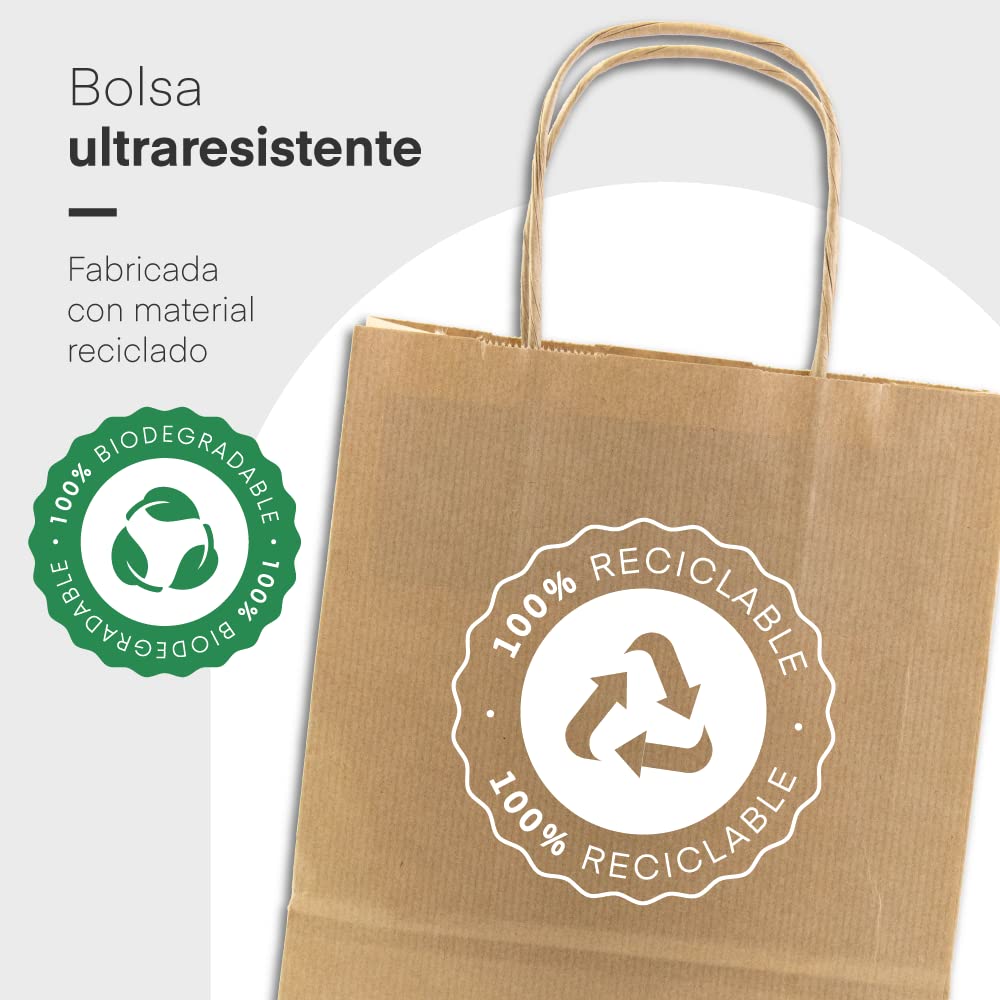 100 Bolsas papel kraft personalizadas | Bolsas con asas rizadas y resistentes | Bolsa de papel personalizable con el logo de tu negocio