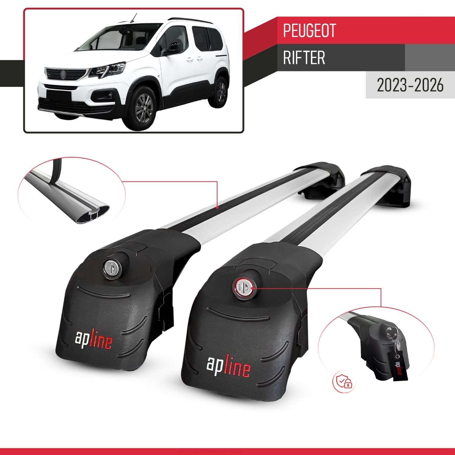 Compatible avec Peugeot Rifter 2023-2026 ACE-2 Modèle Barres de Toit Railing Porte-Bagages de Voiture Aluminium Gris 2 Barres
